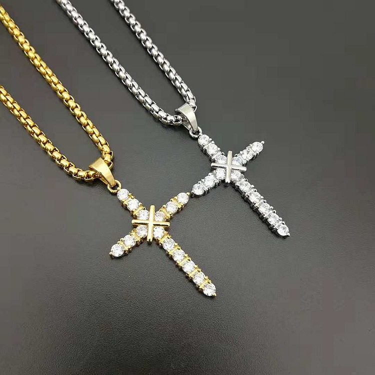 25*45MM Jewelry Making Size Gold Plated Plating Material 1 Piece 25*45MM Titanium Steel Zircon Gold Plated Cross Pendant