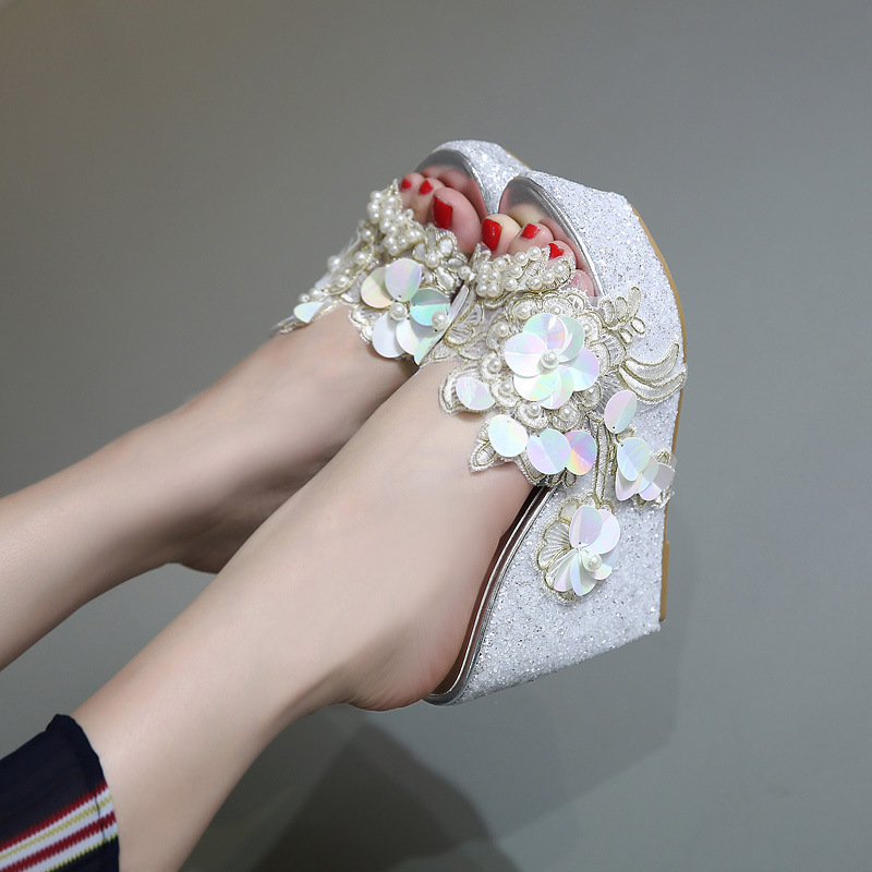 flowers decoration thick bottom wedge heel slipper NSGXL131627