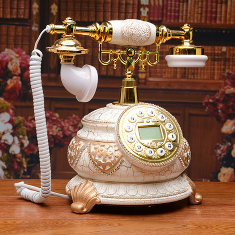 Antique-style telephone with crackled gold and gemstone inlay, vintage-style telephone, European style office/home landline.