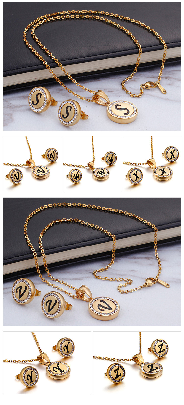 Korean stainless steel 26 letters diamond necklace earrings set wholesale Nihaojewelry