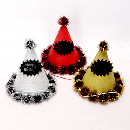 Wholesale 20 cm party birthday hats for children and adults party supplies pompom gold wire one-year-old paper ball hats