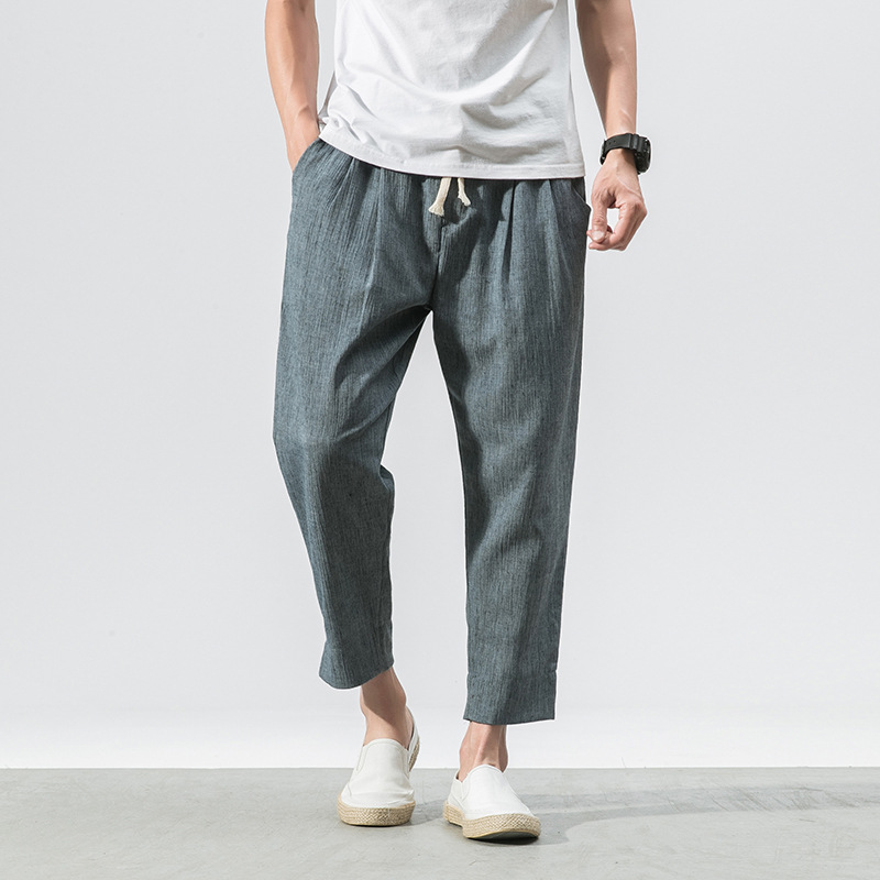 亚麻棉裤子男韩版潮流宽松日系休闲原宿bf风春夏季薄款九分哈伦裤