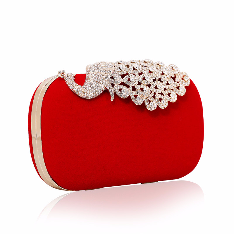 Túi clutch dạ tiệc hình chim công đính đá – tay cầm và dây xích rời — Màu đỏ, Màu tím, Màu xanh lam, Màu đen chi tiết 2