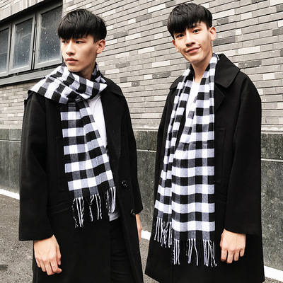 英伦格子围巾男秋冬季保暖流苏围脖商务礼品围巾加长款韩版黑白色