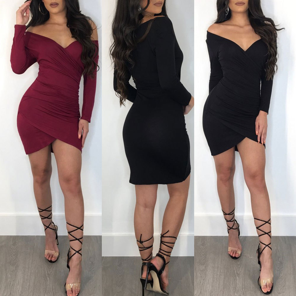 2018 buck Autumn and winter Foreign trade Europe and America Amazon AliExpress Ebay Solid Long sleeve sexy Nightclub Dress