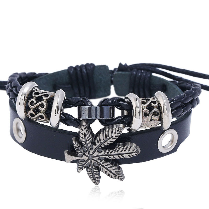Alloy Maple Leather Beaded Bracelet For Men display picture 5