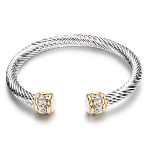 European and American vintage titanium steel twisted wire gold two-color bracelet stainless steel cable wire bracelet set with semi-precious stones
