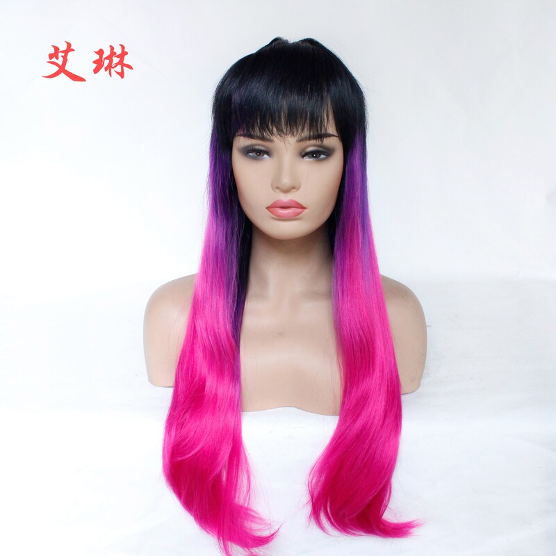 Women's Black Gradient dark purple Gradient Magenta Straight Long Straight Hair Wig Chemical Fiber Full Mechanism Headgear