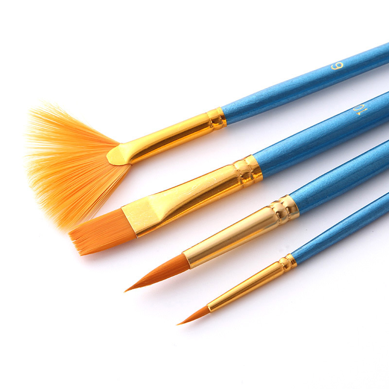 4支尼龙毛画笔扇形笔蓝杆油画笔套装初学者水彩手绘水彩笔便携