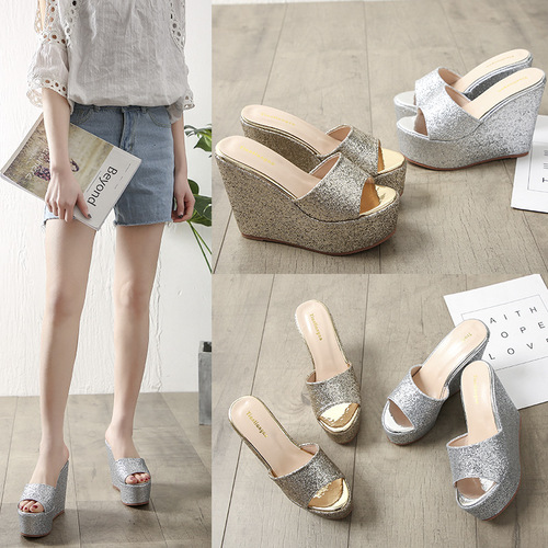  New Sweet Fashion Casual Simple Sequin Fabric Wedge Thick-soled Women's Slippers Platform Women's Sandals 118-31