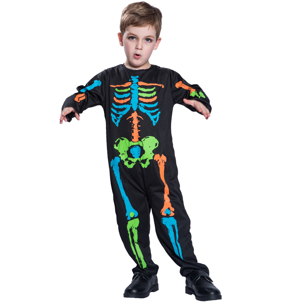 Traje de Halloween neutral niños colorido cráneo esqueleto mono tema Fiesta Campus Actividad juego traje