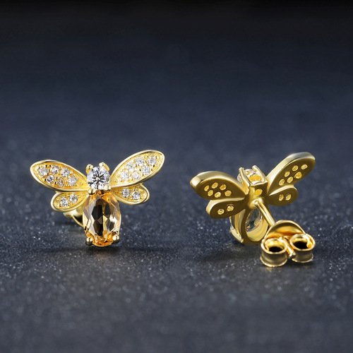 Hazy Moon 925 Sterling Silver Colored Jewelry Natural Citrine Peridot Micro-Inlaid Bee Set Ornaments Wholesale