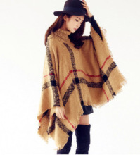 冬装新款欧美大牌范拼色高领格纹宽松不规则流苏斗篷披肩针织外套