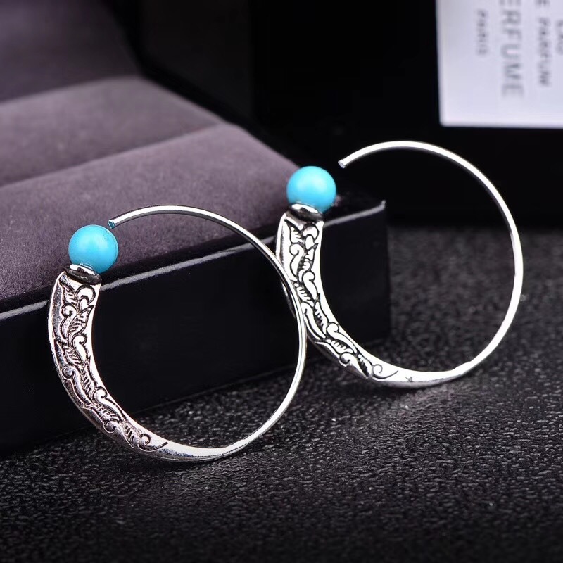 Zhenrong wish hot sale New retro Thai silver turquoise earrings European and American women's punk style earrings ear hook