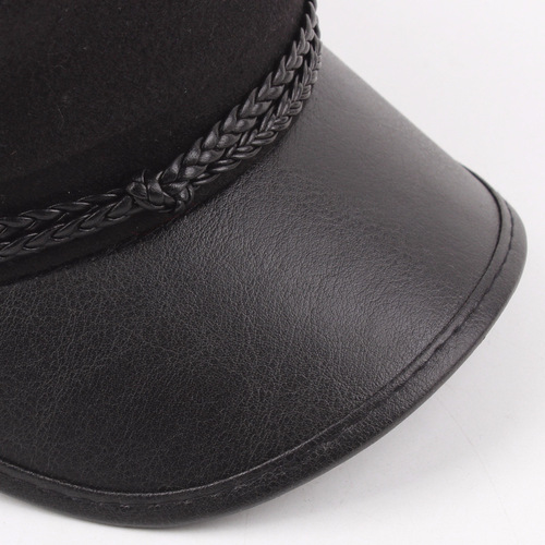 Navy Hat Women's Korean Style Fashion Wool Felt Sailor Hat Men's Flat Top Student Cap Cross PU Brim Captain Hat