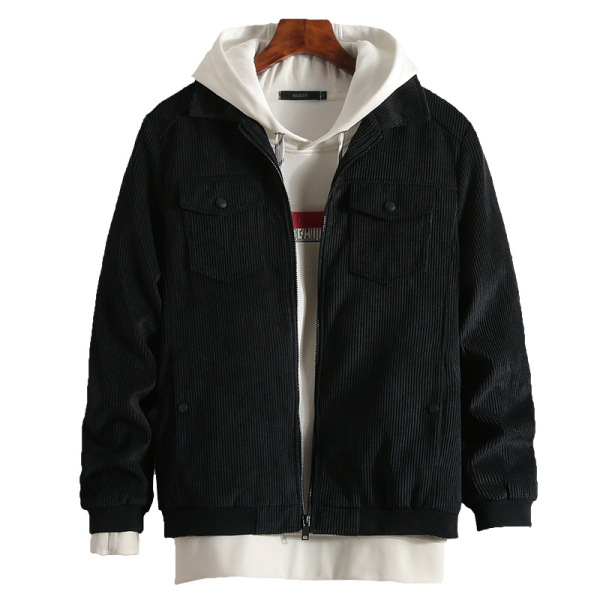 Men’s hooded solid color jacket corduroy slim trend jacket in spring and Autumn