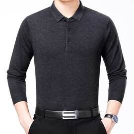 2018秋冬新品羊绒纯色长袖t恤男装中老年爸爸装休闲大码翻领T恤男