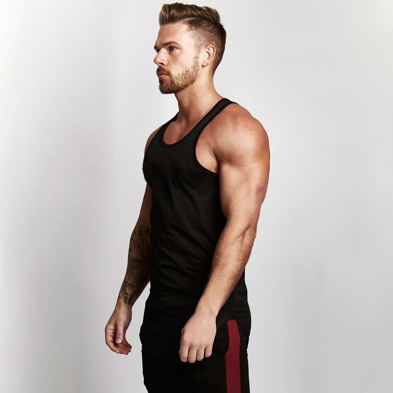 En blanco de malla slim fit fitness chaleco hombres europeos y americanos arco dobladillo deportes gimnasio base transpirable de secado rápido chaleco image 4