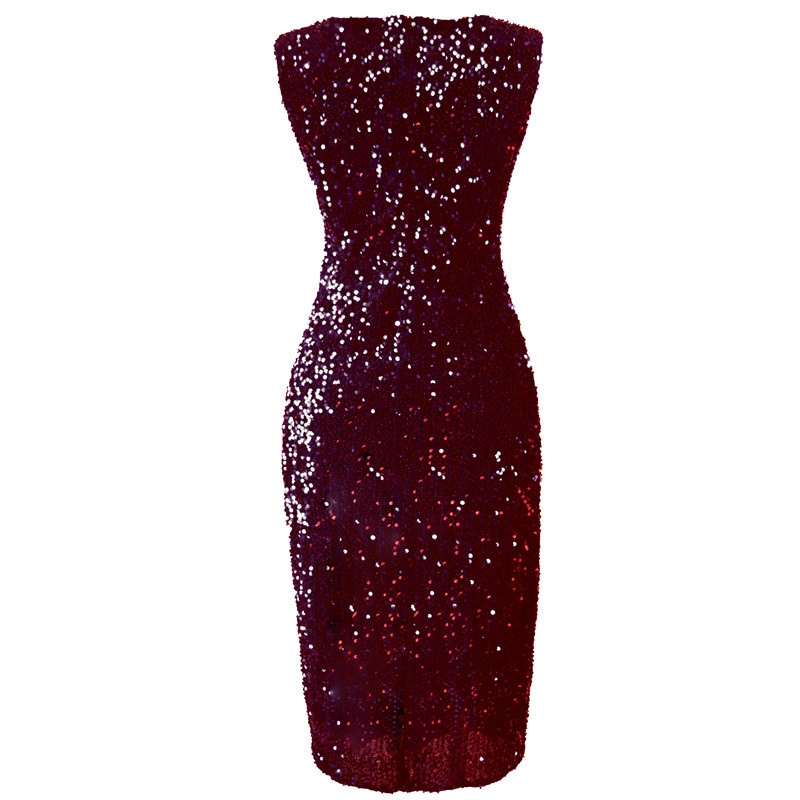 Sleeveless Crew Neck All Over Sequin Midi Dress, Velvet Base High Side Split Asymmetrical Hem Bodycon Cocktail Party Dress 4 Colors_ecoleips.com