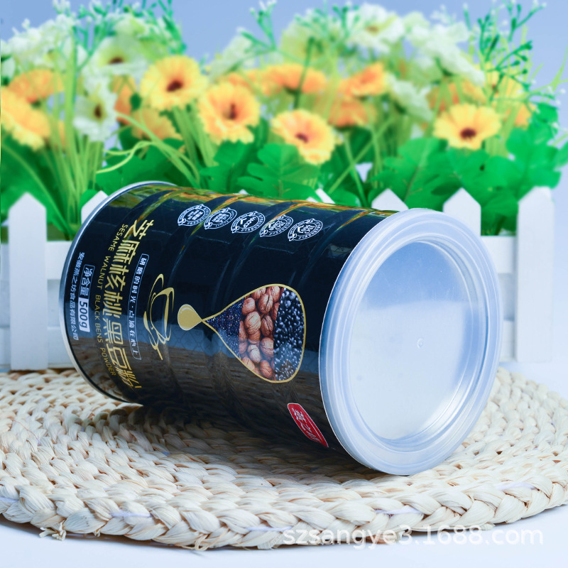 供应芝麻粉马口铁罐圆形食品塑料易拉罐厂家五谷杂粮粉包装罐生产