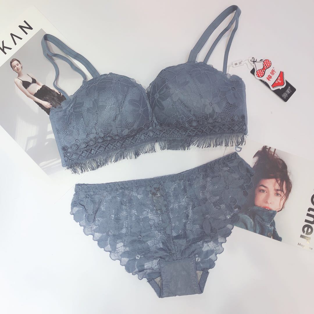8203 Jade Rabbit Essence Sexy Lace Tassel Medium Thick No Steel Ring Bra Set Small Chest Gathering Women's Underwear_voghion.com