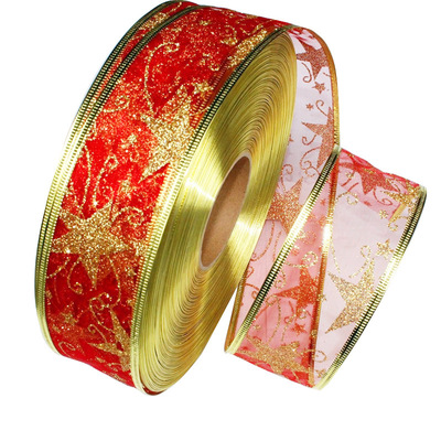 100碼5Cm 寬度撒粉燙金園藝絲帶聖誕裝飾品 印刷織帶節日裝飾 DIY