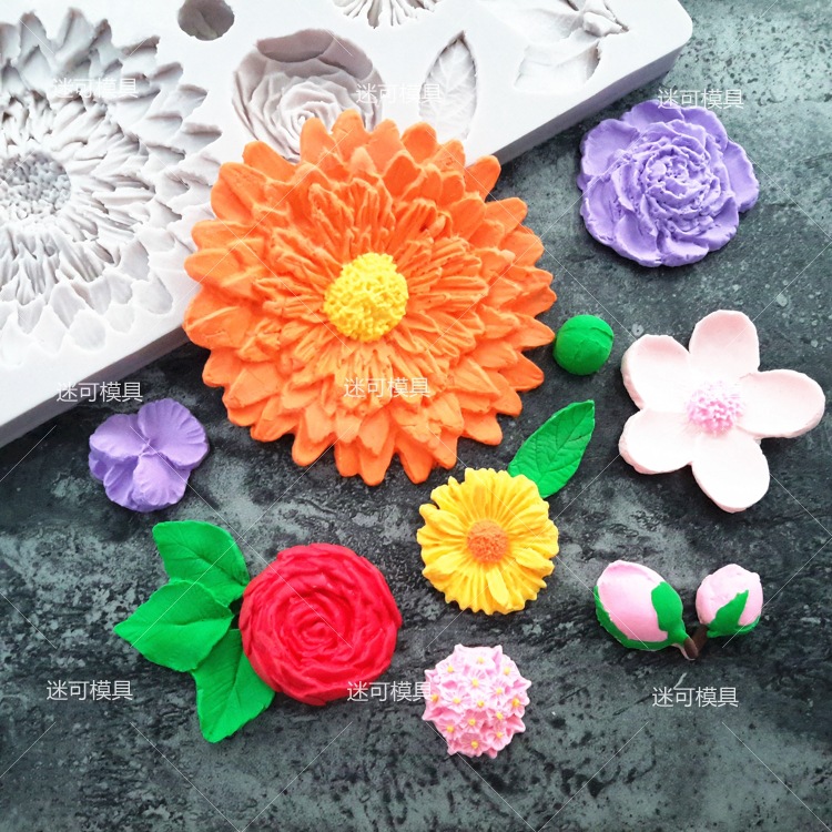 Fondant molde de silicona Rosa crisantemo hojas múltiples flores colección molde de silicona herramientas de decoración de la torta