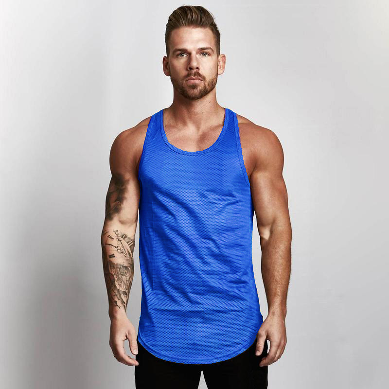 En blanco de malla slim fit fitness chaleco hombres europeos y americanos arco dobladillo deportes gimnasio base transpirable de secado rápido chaleco image 10