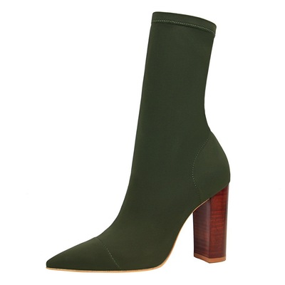 3129-3 The European and American fashion contracted wood grain with pointed with thick with high elastic leica sexy nightclub show thin short boots