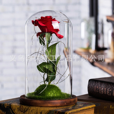 厂家跨境绢花玻璃罩红色 玫瑰花礼盒摆件生日礼物情人节礼物|ru