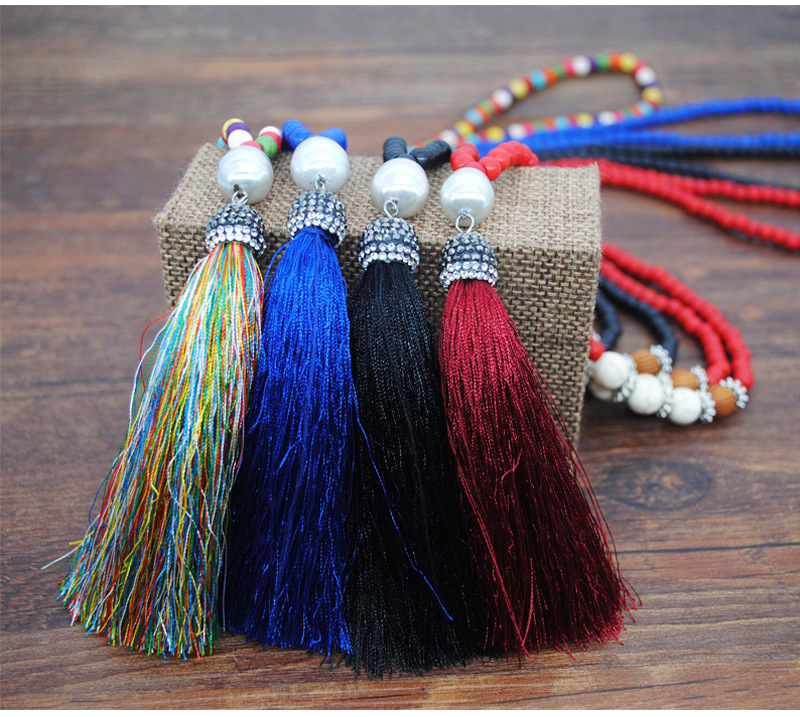 Tassel Pattern All Seasons Season Ethnic Style Tassel Beaded Turquoise Rope Rhinestone Women's Long Necklace