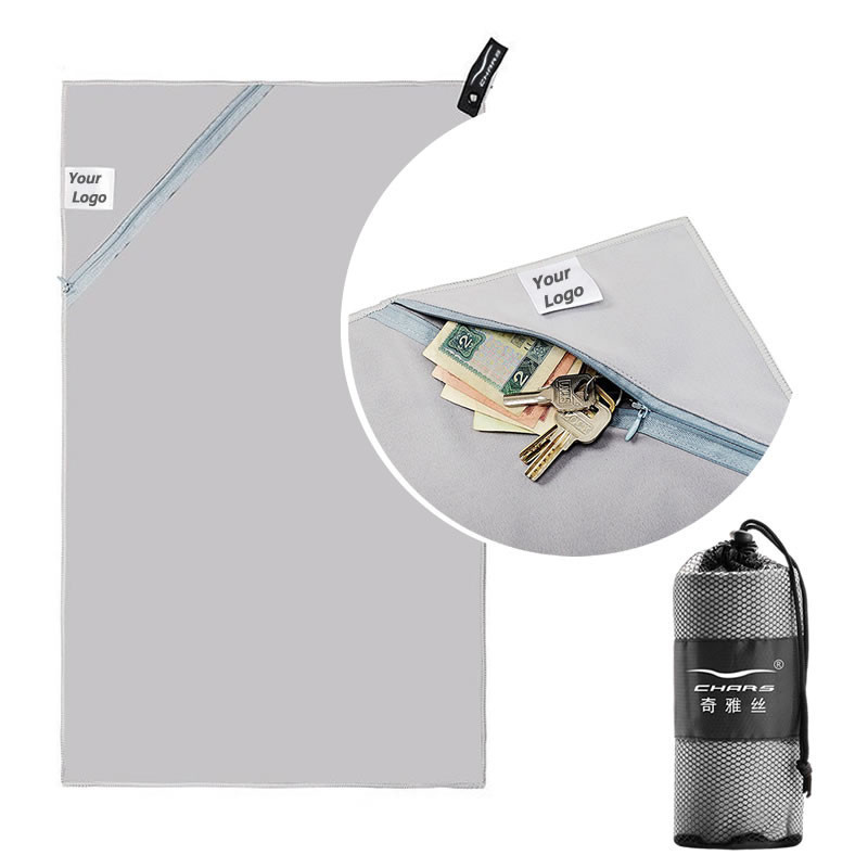 Swimming fitness outdoor sports towel with zipper pocket sports towel microfiber customizable logo