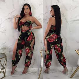 B9110 亚马逊速卖通欧美性感印花抹胸、裤腿侧边开叉连体裤