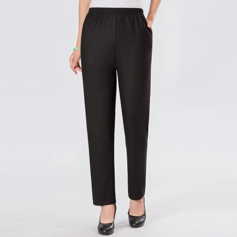 Женские повседневные черные брюки среднего и пожилого возраста 2021, весна и осень, Однотонные эластичные прямые брюки с эластичной талией для мамы