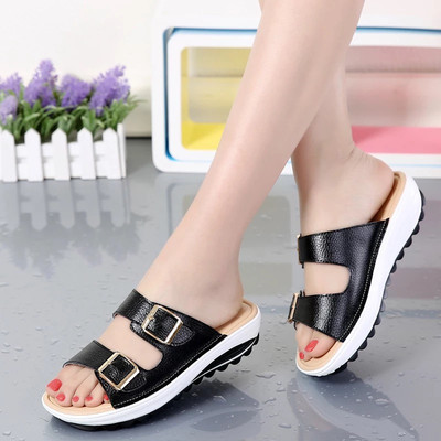 AliExpress summer Cross border Sandals leisure time genuine leather lady slipper non-slip The thickness of the bottom With slope student Sandy beach Sandals
