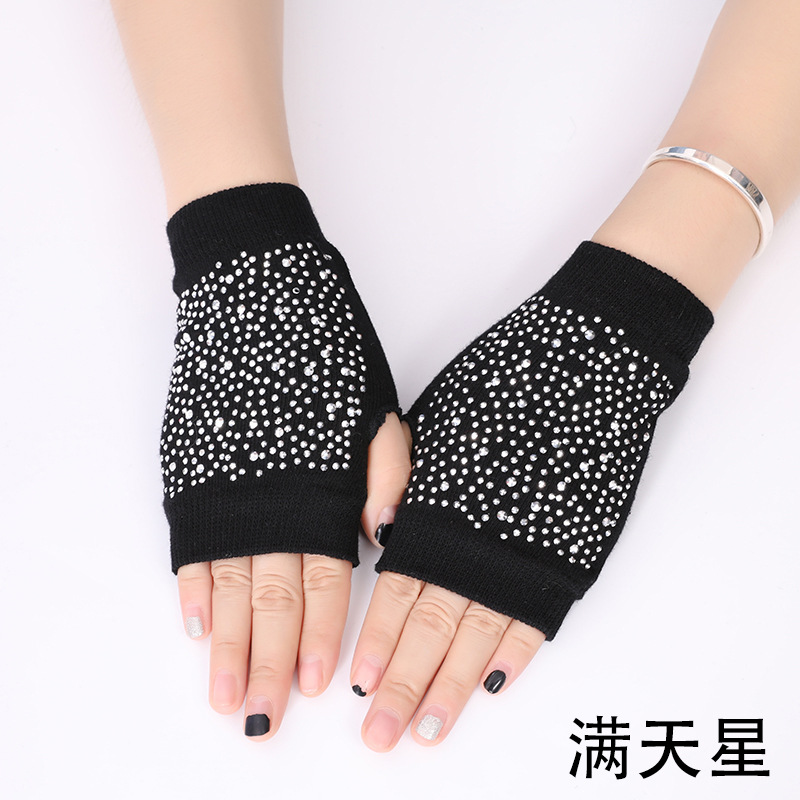 2018新款酷炫水钻铆钉学生露指手套水兵舞手套五角星半指针织手套