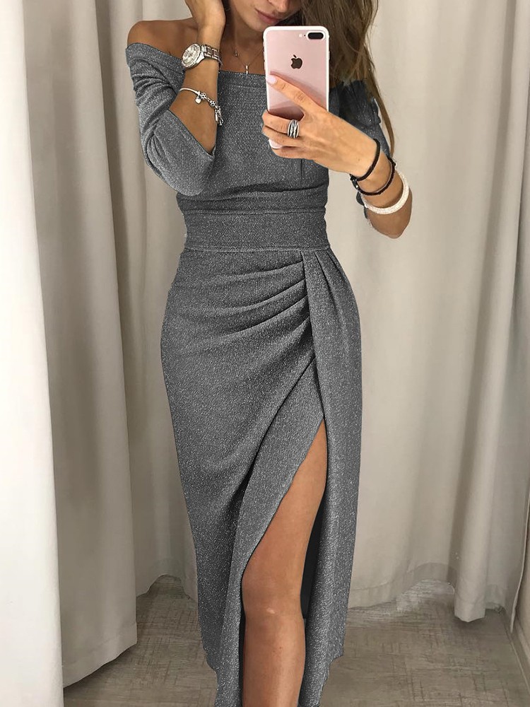 Women's Slit Dress Sexy Boat Neck Patchwork 3/4 Length Sleeve Solid Color Midi Dress Banquet display picture 5