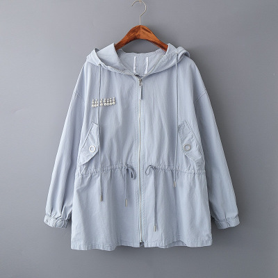 2018秋季新款 純色連帽後背珍珠系帶收腰水洗棉風衣 B424 0.58