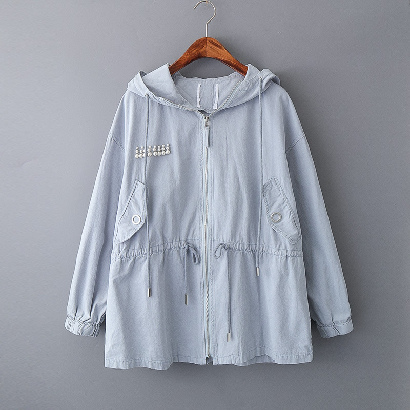 2018秋季新款 純色連帽後背珍珠系帶收腰水洗棉風衣 B424 0.58