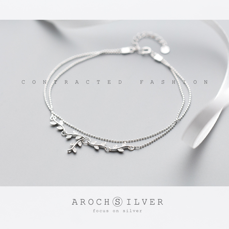 S925 plata mujer japonesa estilo coreano simple doble rama tocalera hojas artísticas joyas de pie dulce S2195