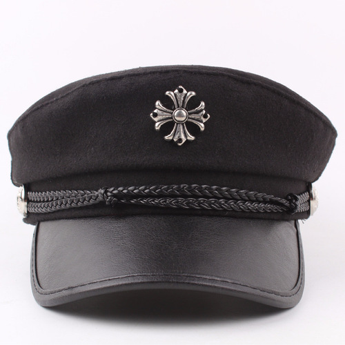 Navy Hat Women's Korean Style Fashion Wool Felt Sailor Hat Men's Flat Top Student Cap Cross PU Brim Captain Hat