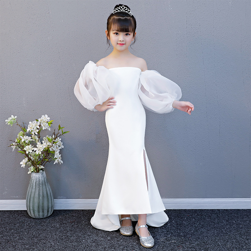 儿童礼服2024新品白色长款一字肩主持人欧美演出服女童走秀公主裙