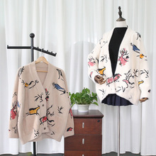 针织毛衣貂绒开衫女1.3仿貂毛不掉毛外套女中长款秋冬v领抽象鸟儿