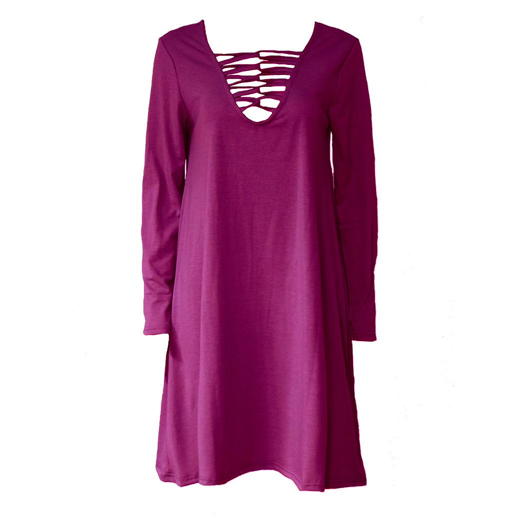 Solid Color Dress Sexy Deep V Neck Lace Up Design Long Sleeve Perfect for Parties and Events Wholesale Available