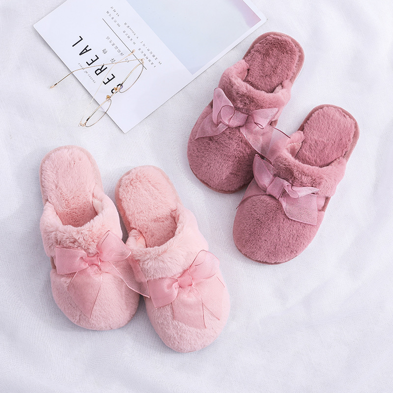 秋冬新款棉拖鞋女保暖厚底防滑毛毛拖蝴蝶结情侣居家地板拖鞋批发|ru