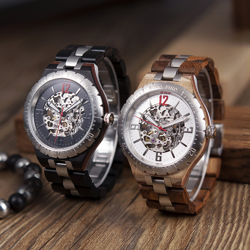 BOBOBIRD Hollow fully automatic Mechanical watch man waterproof bobobird Wooden table Men's watches Mechanics watch wooden