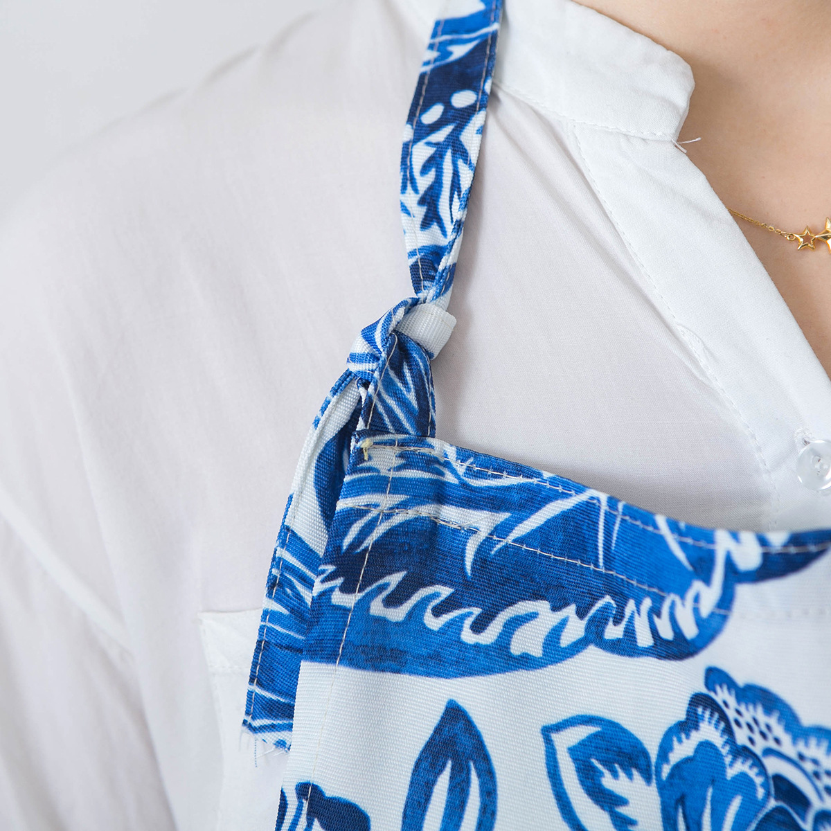 防水印花简约涤棉蓝色情侣无袖布艺家居厨房烘焙围裙做饭男女餐厅