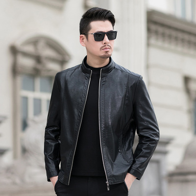 2021春新款皮衣夹克商务立领男士海宁皮衣pu皮外套中年皮夹克男|ru