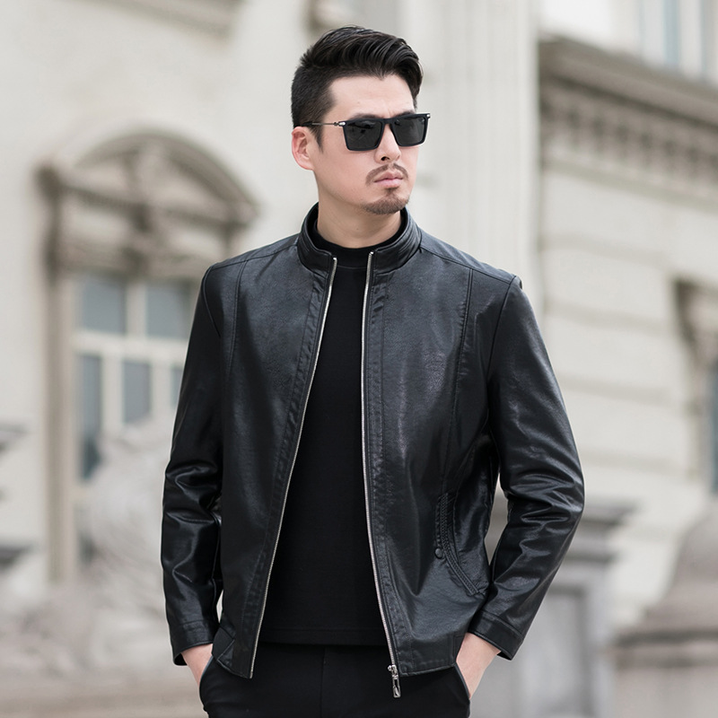 2021春新款皮衣夹克商务立领男士海宁皮衣pu皮外套中年皮夹克男|ru