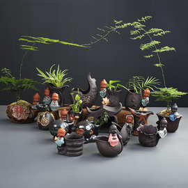 复古创意茶宠摆件紫砂小和尚家居陶瓷多肉植物水培花盆花器禅静